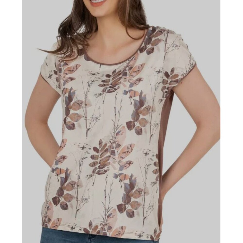 Womens M Ivory Brown Floral Print Viscose Knit Elegant T-Shirt Short Sleeve Top